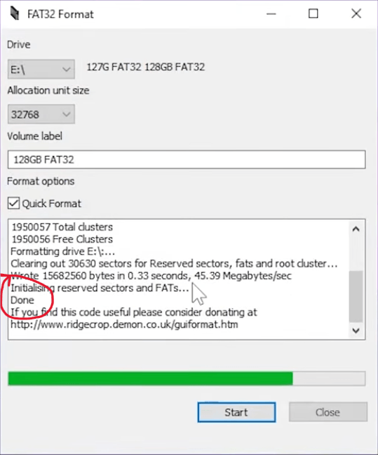 FAT32 GUI Formatter - finish format done