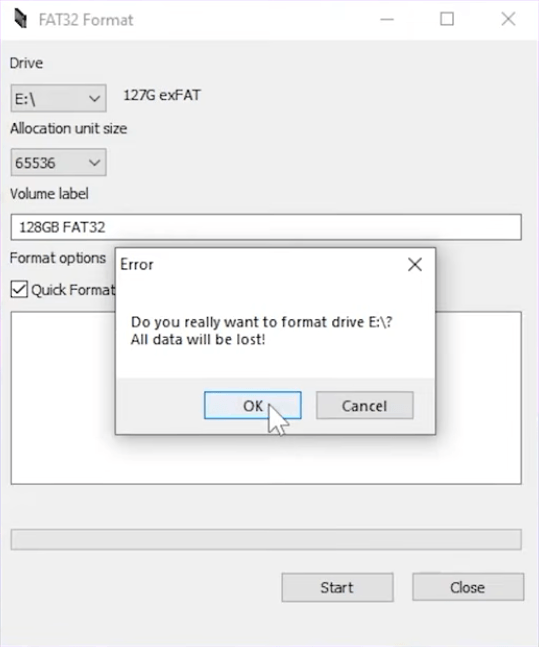 FAT32 GUI Formatter - start format
